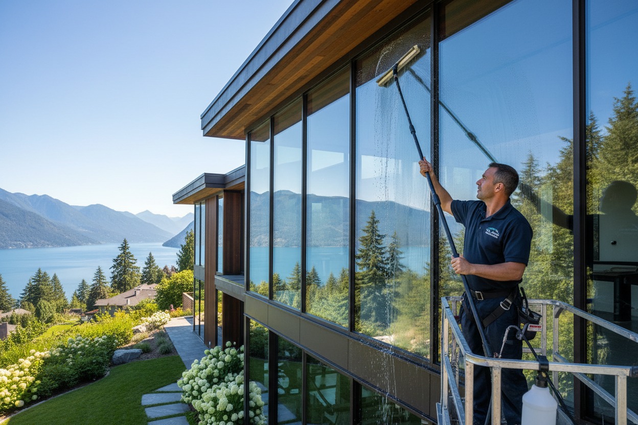 A window cleaner using an extension pole from a lift to clean the exterior windows of a modern home with a scenic lake and mountain view.